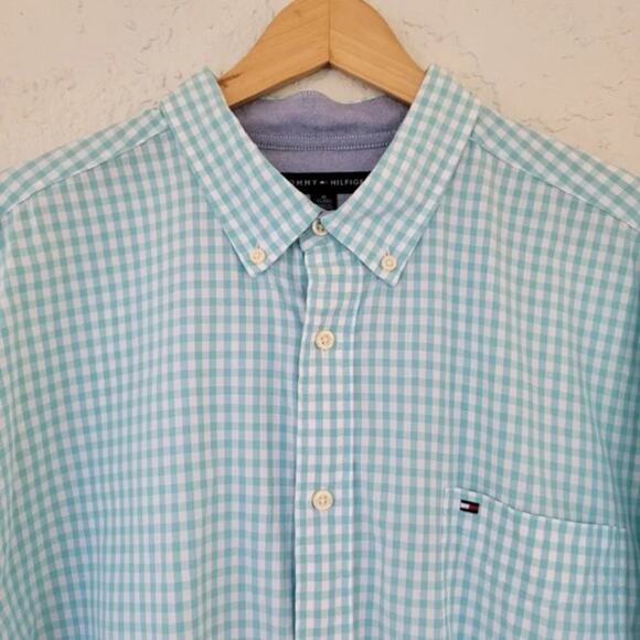 Tommy Hilfiger Long Sleeve Check Button Down Shirt Mens XL Teal Blue Classic Fit - Picture 2 of 9